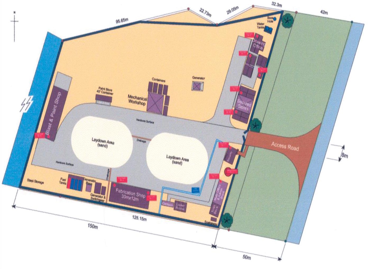 HTSL Integrated Marine Base layout plan at Free Port Zone — 150m × 125m site with fabrication shop, laydown areas, mechanical workshop, paint shop and access road